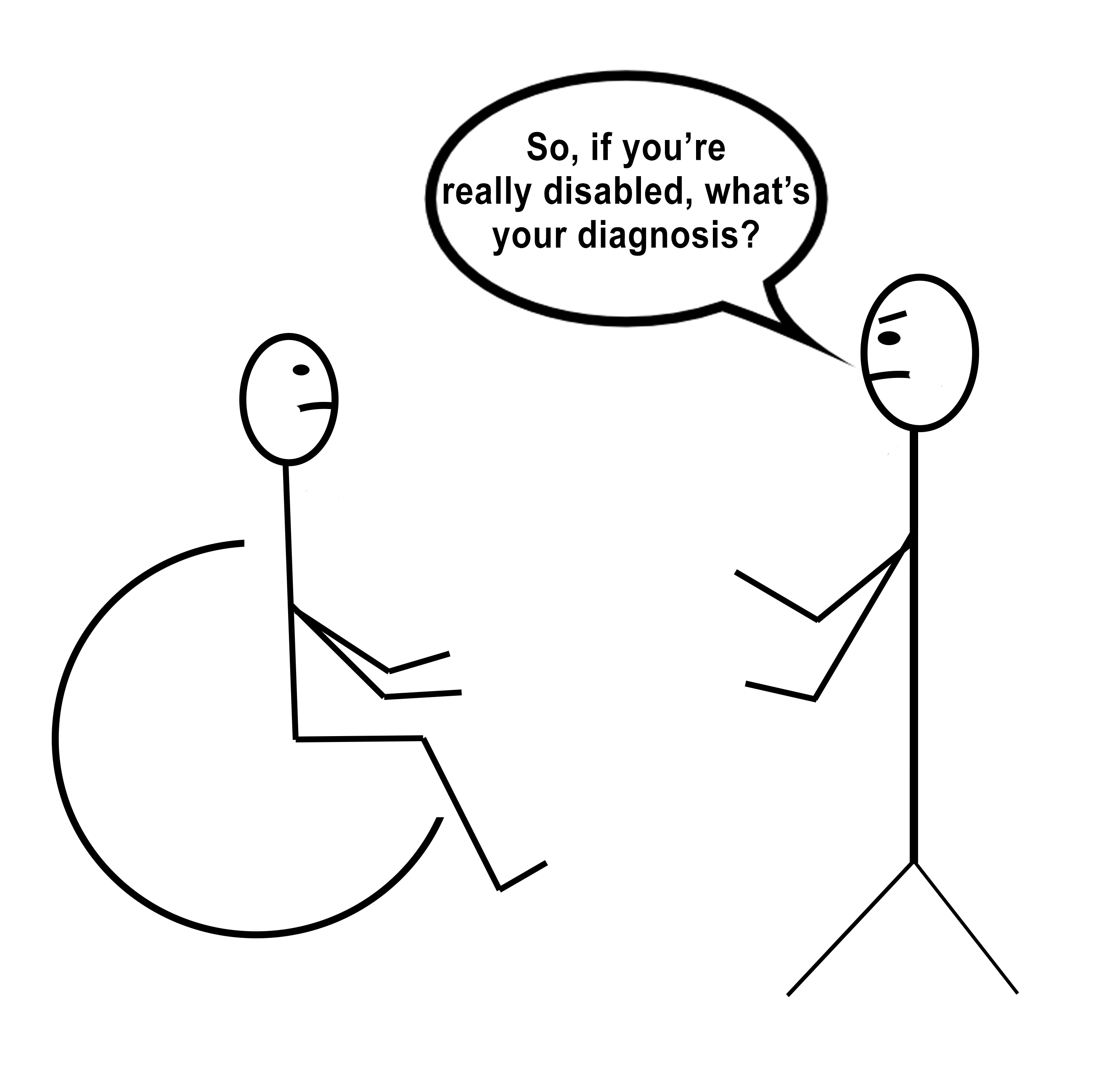 [Image description: A stick figure drawing of a person in a wheelchair facing a standing person with angry eyebrows and a speech bubble that says “So, if you're really disabled, what's your diagnosis?”]